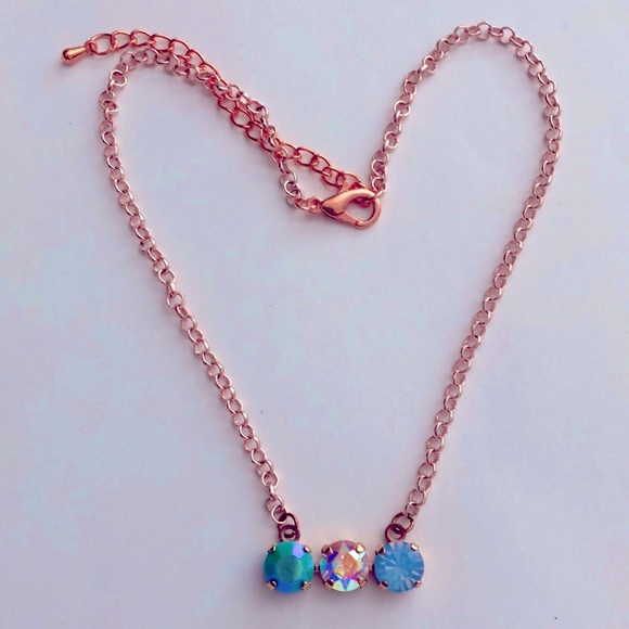 Iridescent Turquoise, Light Sapphire Opal +AB Crystal Bar Necklace - Picture 11 of 11